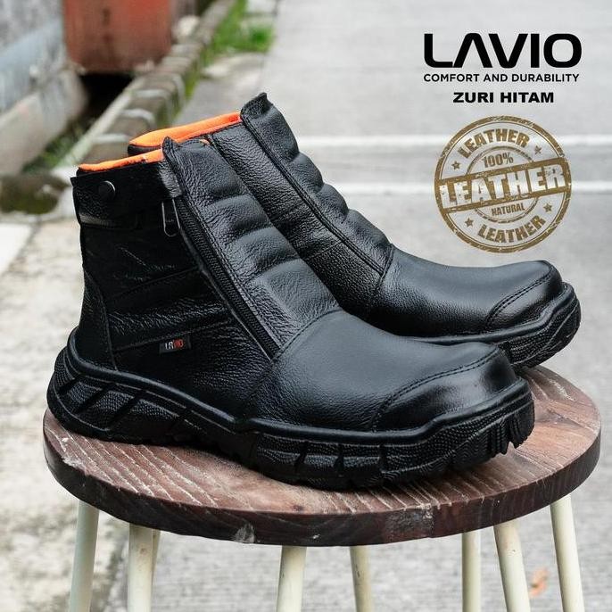 Baru Sepatu Safety Shoes Pria Resleting Kulit Lavio Zuri Ujung Besi