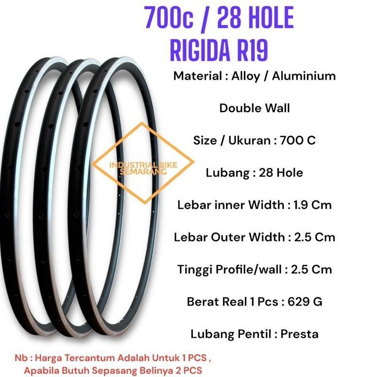 Hot ( Rim 700C / 28H / R19 Rigida ) Velg Sepeda 700 C Lubang 28 Hole Roadbike Balap Fixie Alloy Terl