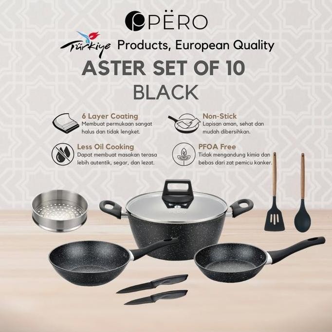 PERO ASTER GRANITE COOKWARE SET OF 10 WOKPAN 24CM, CASSEROLE 24CM, FRYPAN 18CM / WAJAN SET PANCI PEN