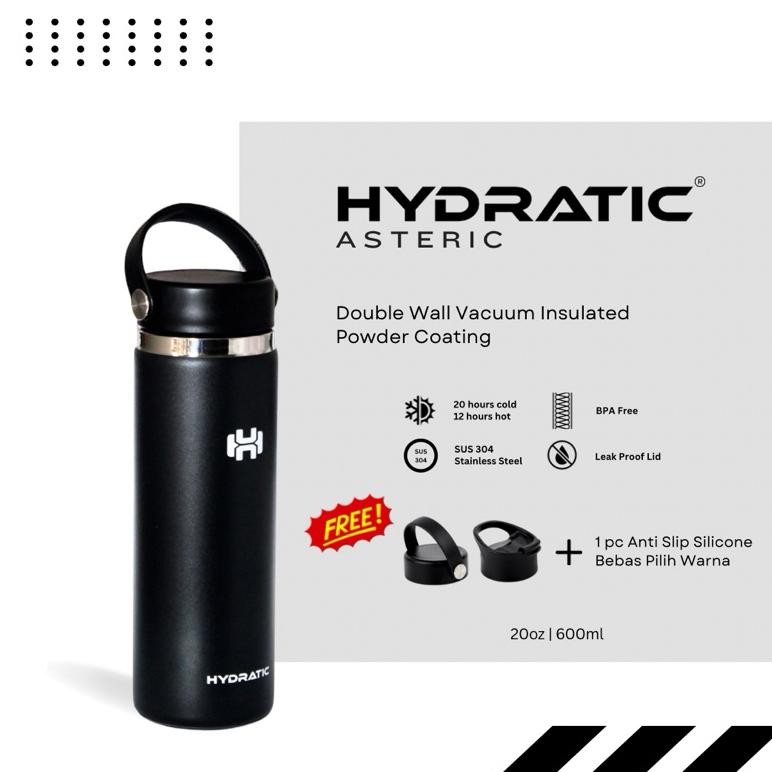 BOTOL MINUM TUMBLER HYDRATIC ASTERIC 20oz / 600ml - Tahan Panas Dingin 12 - 24 jam - BLACK - (2 TUTU