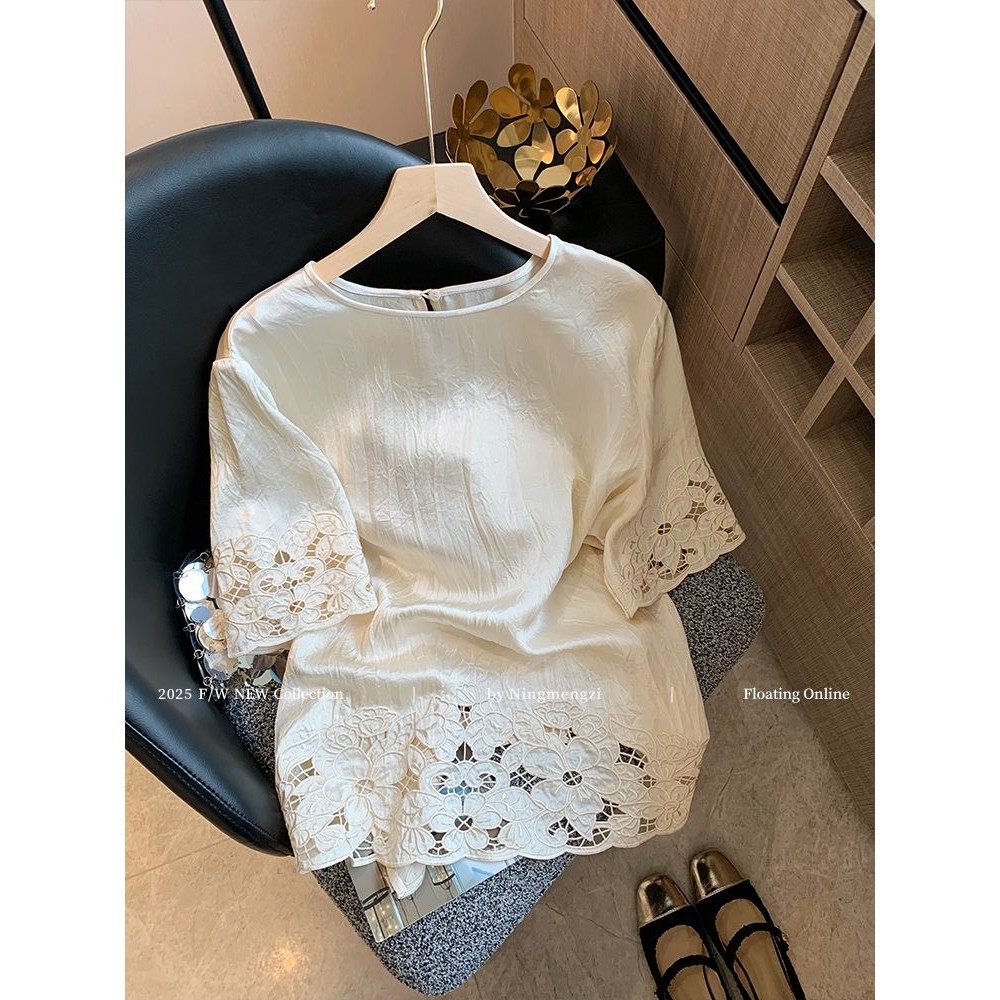 Kemeja Lengan Pendek Bordir Berongga untuk Wanita Baru Elegan Mewah Serbaguna Blus Satin