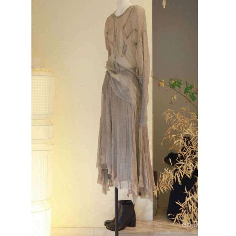Women's Fashion Versatile Little Chanel Style Long Sleeve Top Vintage Wrinkled Texture Skirt Set