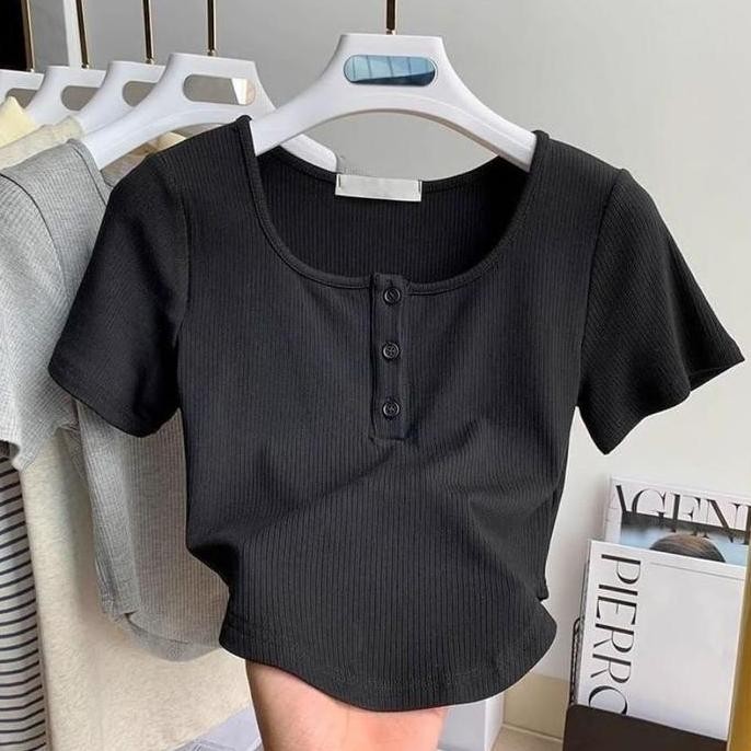 Blouse Korea - Wiggle Crop Top Kancing Lengan Pendek - Baju Atasan Wanita Kancing Rib Crop