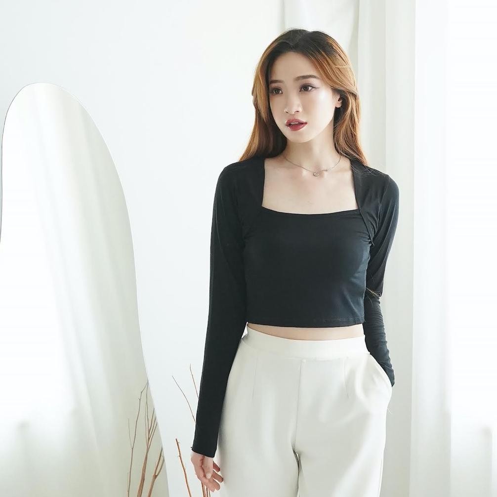 DF100 - Baju Longsleeve Crop Top Baju Lengan Panjang Wanita Crop Tee Square Neck 084
