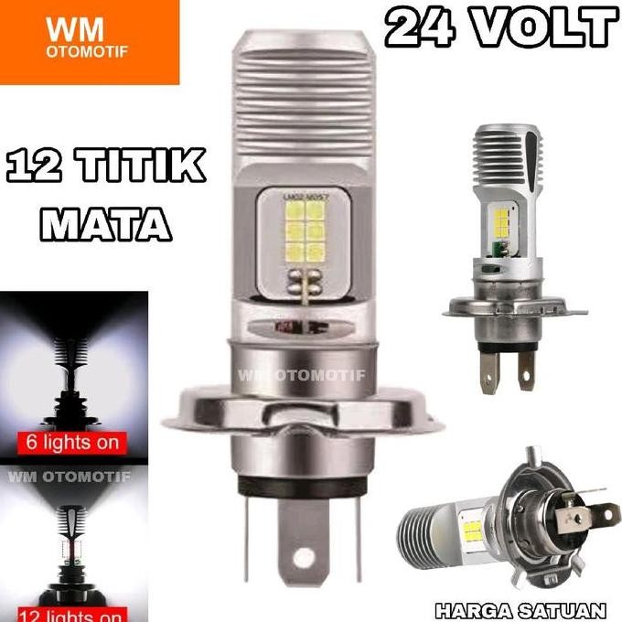 Lampu Led Utama 24 Volt H4 Depan G12A 12 Mata Titik High Low Putih D3 Truk Bus Fuso Canter Tronton R