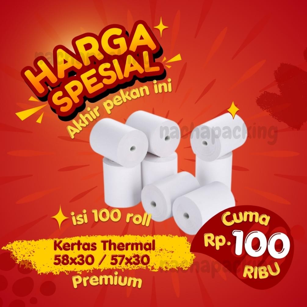 

DF65 }} DUS 100 ROLL KERTAS THERMAL STRUK KASIR PAPER ROLL PREMIUM 58X30 / 57X30 CORELESS TERMAL PRINTER BLUETOOTH 58MM