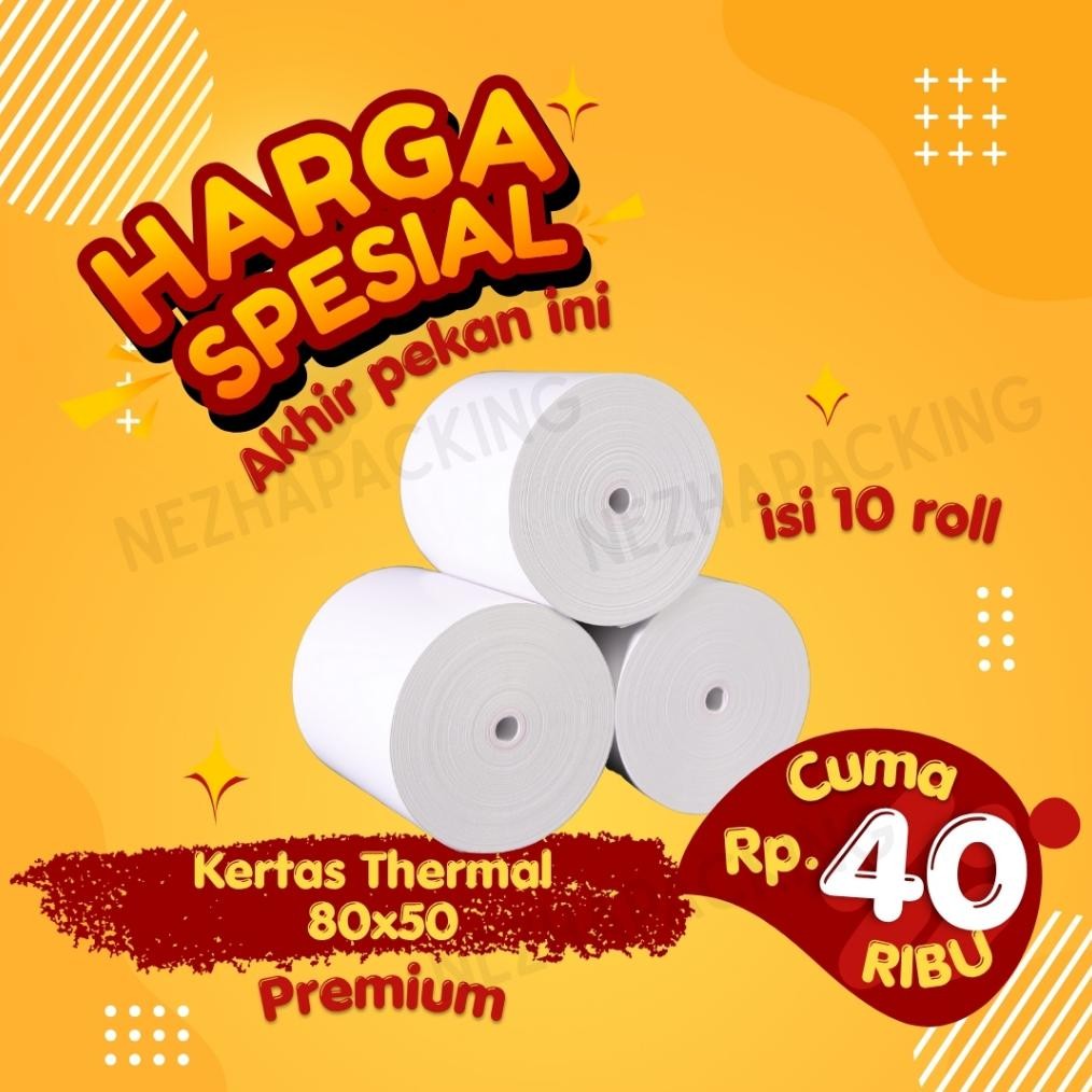 

DF109 - 10 ROLL KERTAS THERMAL STRUK KASIR / PPOB PAPER ROLL 80X50 CORELESS TERMAL POS PRINTER BLUETOOTH 80MM