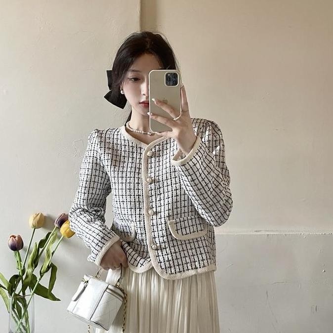 MON blazer tweed premium import wanita panjang fuschia pink kotak