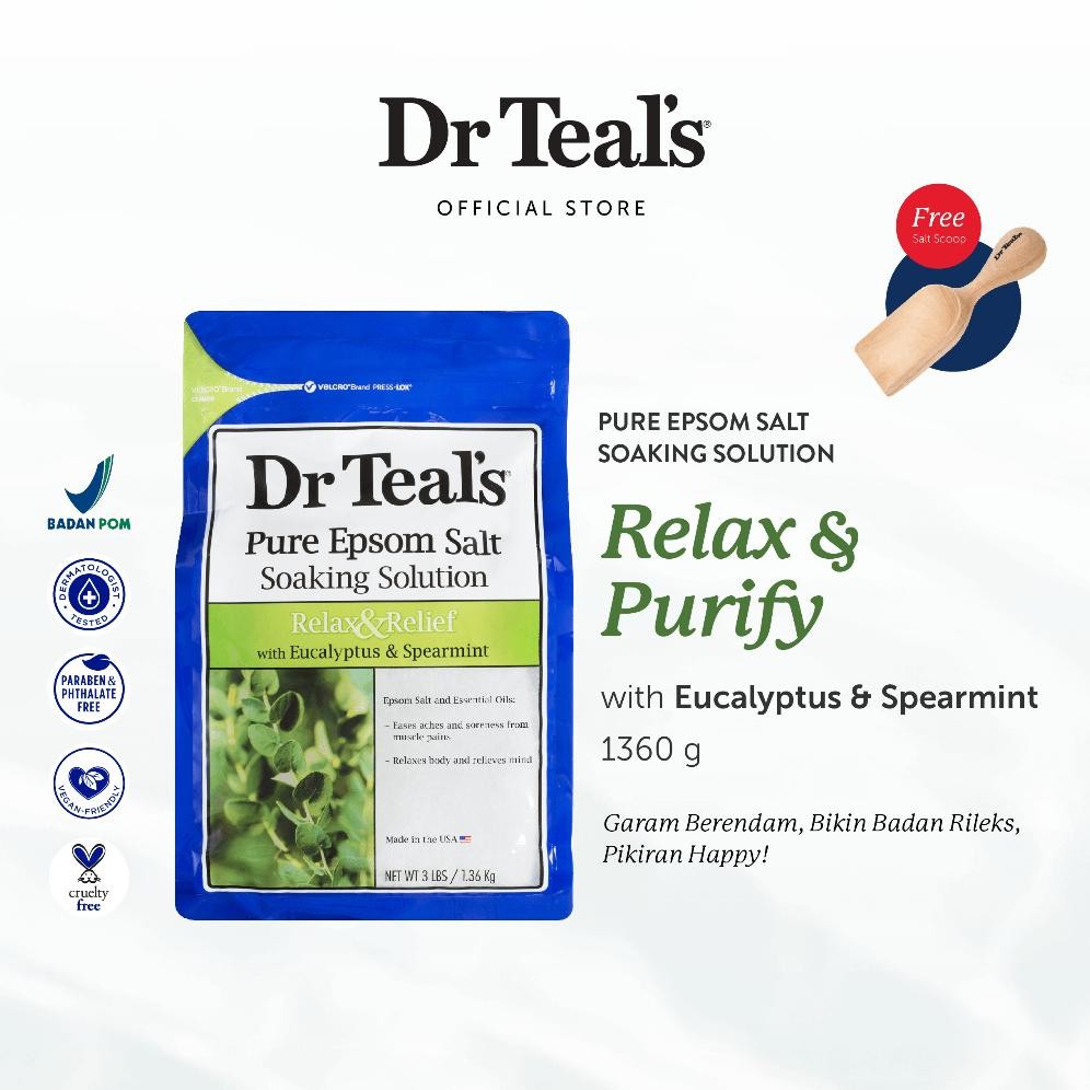 

(Terbaru) Dr Teal's Pure Epsom Salt Soaks/Garam Berendam - Eucalyptus & Spearmint Essential Oil 1.3 KG (Terlaris)
