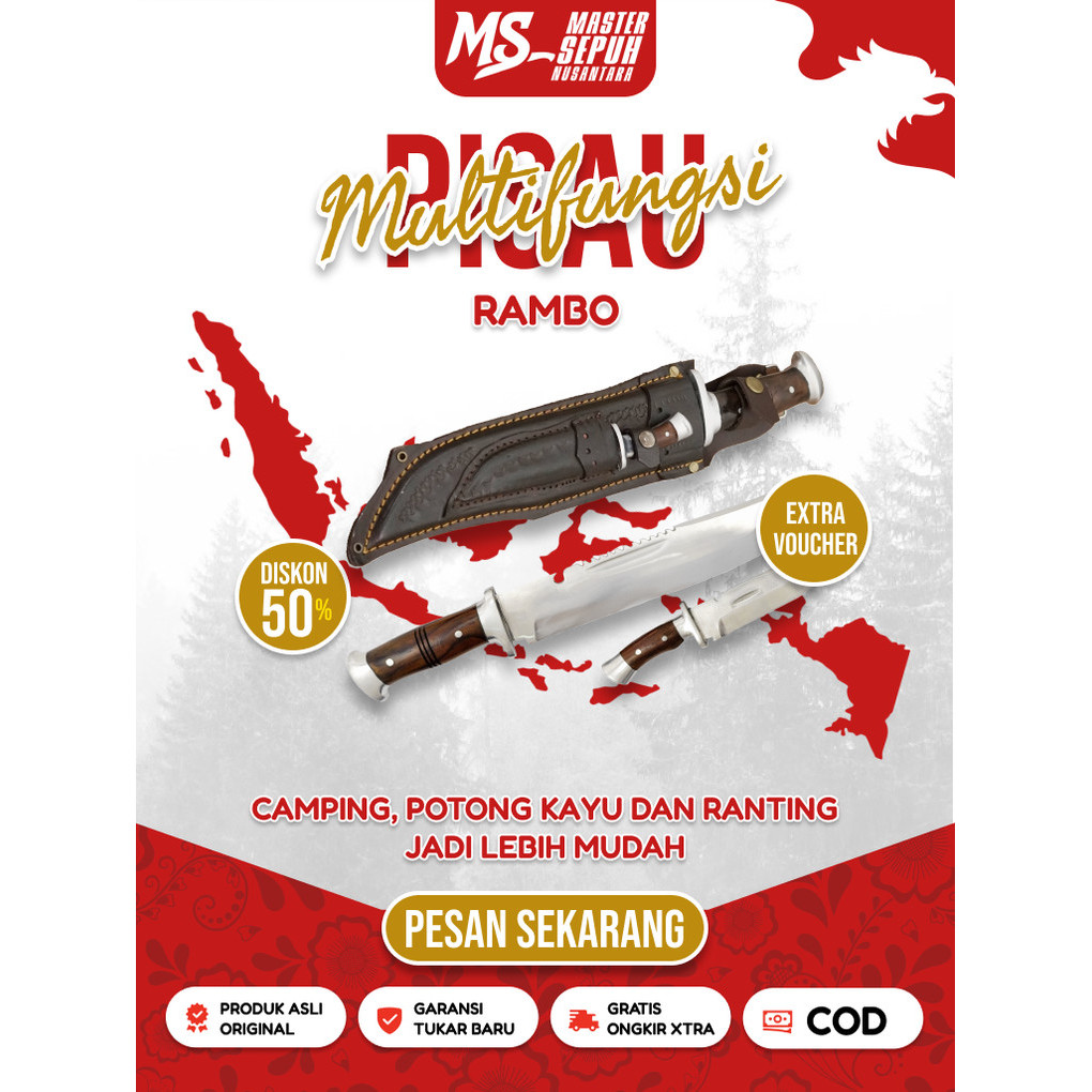 Pisau Set Rambo Multifungsi Sarung Kulit | Pisau Baja Komando Multifungsi | Master Sepuh Nusantara