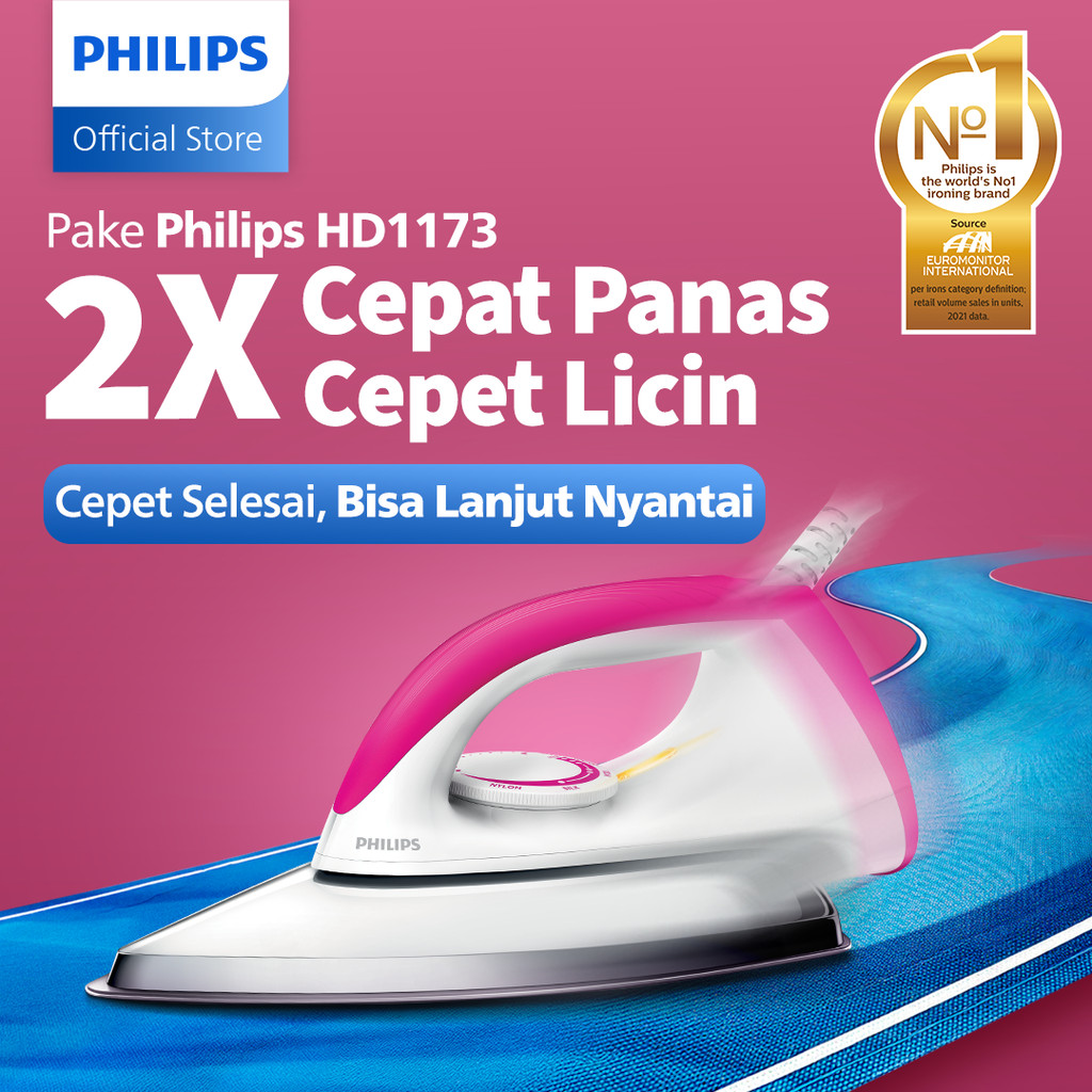 PHILIPS Setrika kering HD1173/40-Pink,Ceramic 4 Lapis,Anti lengket,seterika, setrikaan,gosokan baju