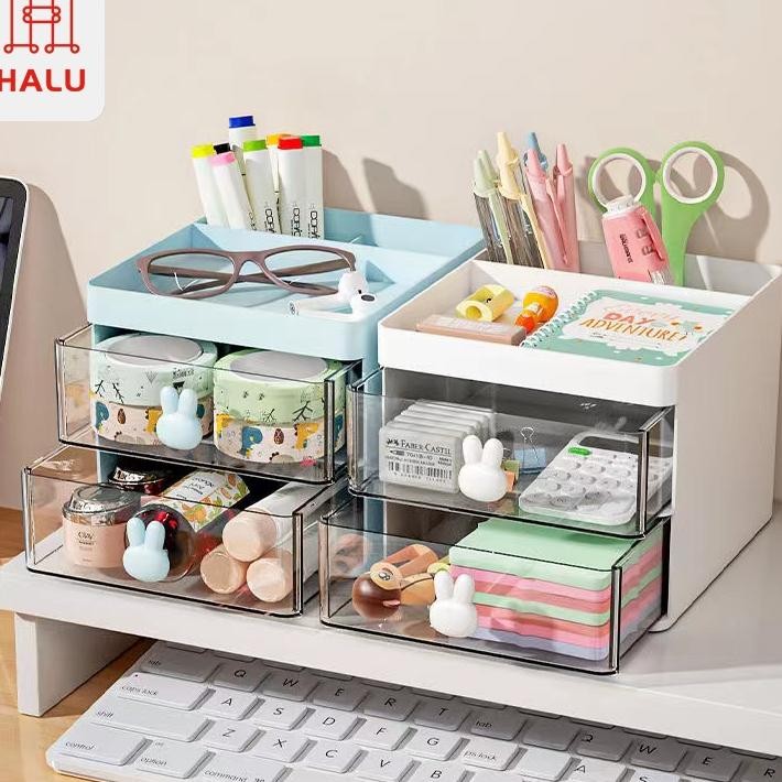 Halu Kotak Laci Penyimpanan 2 Layer Kelinci Kotak Penyimpanan Atk Multifungsi Kotak Desktop Organize