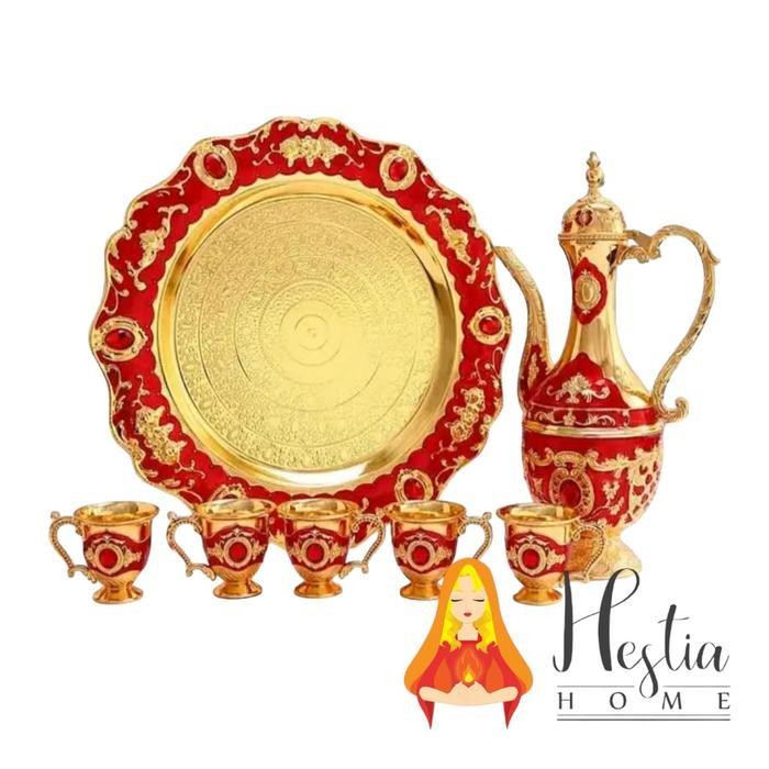(Best Saller) Home Pro Turkish Kettle Teko Arab Aladin Set Cangkir Teh Nampan Emas Bestseller