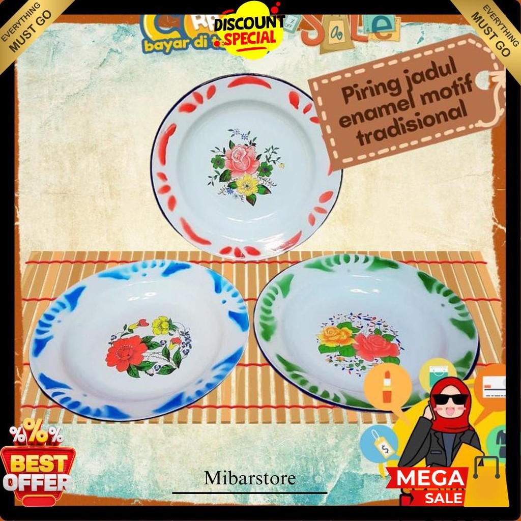 Piring Seng Enamel Motif Jadul 22 Cm Bunga Besi Jaman Dulu Legend Bisa Cod