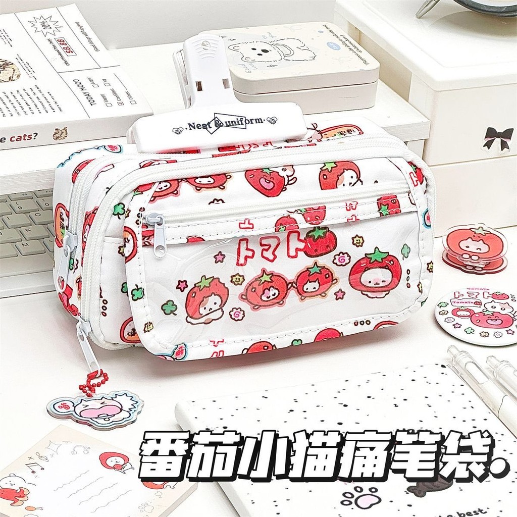 

Pencil case ins Same Style Tomato Kitten Multi-layer Pain Bag Pencil Case Student High Appearance Large Capacity Stationery Bag F9WC