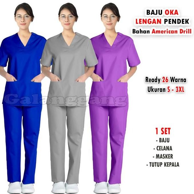 Baju OK - Baju Oka Lengan Pendek - Baju Scrub Oka - Baju Jaga Oka - Bahan American Drill - Model Ter