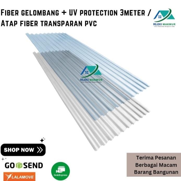 Fiber gelombang + UV protection 3m x80cmx0.8mm putih susu / Atap fiber bening transparan pvc aSt