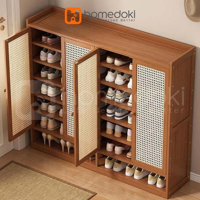 Homedoki Lemari Sepatu Rotan/Lemari Sepatu Kayu Minimalis/Lemari Sepatu Tertutup Serbaguna/Rak Sepat