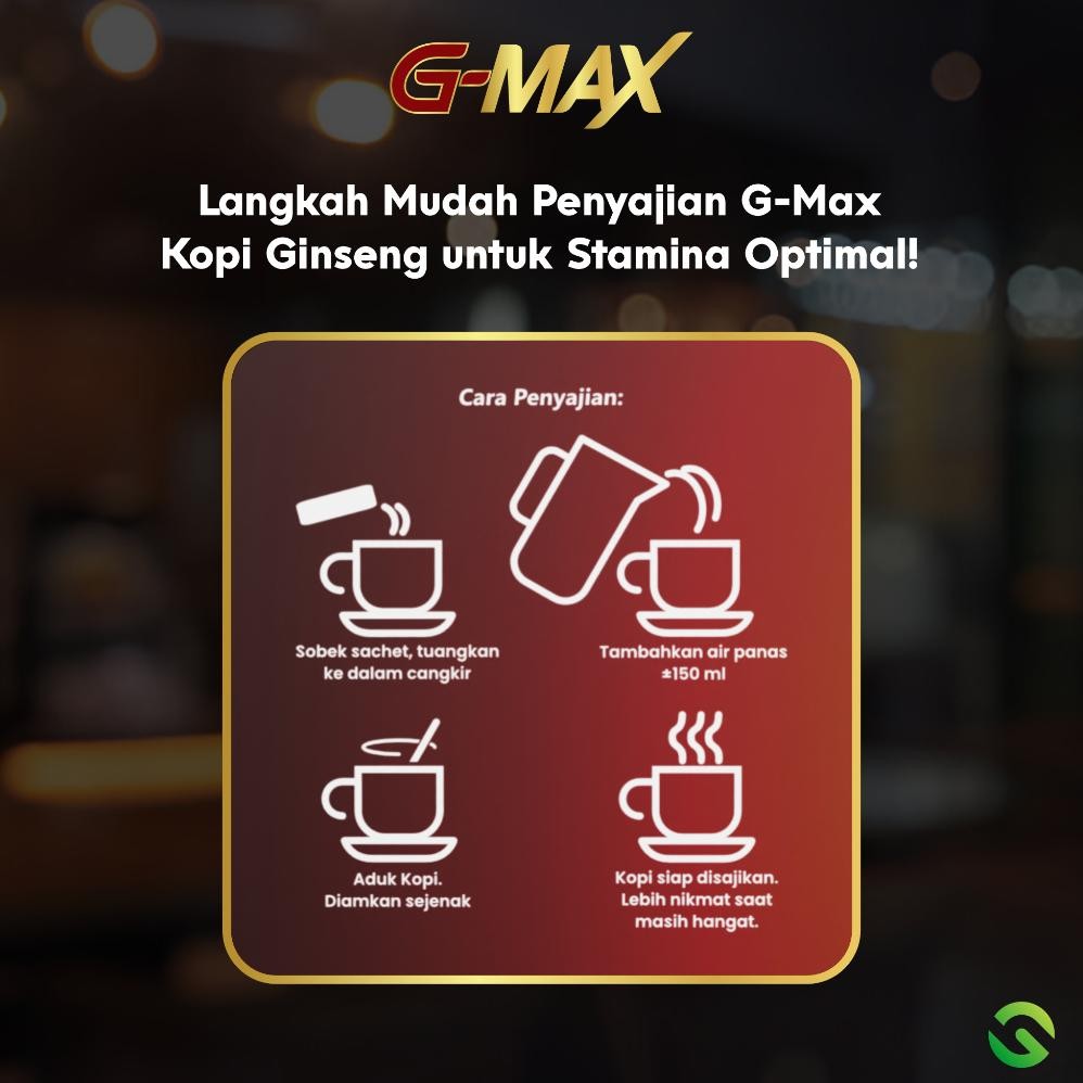 

Ready!! G-MAX Kopi penambah stamina Vitalitas pria Extra Ginseng dan gula aren - Box Isi 10 Sachet @30gr