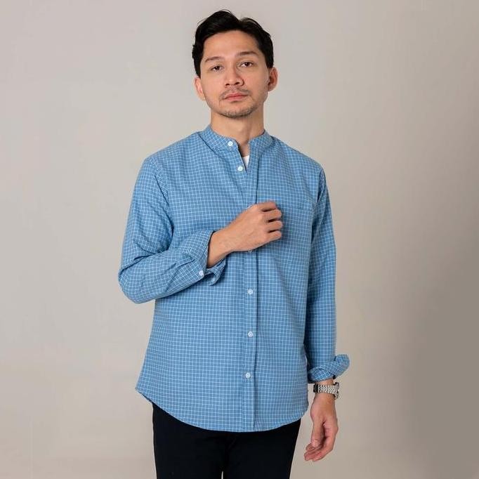 Sale Kemeja Kotak Garis Pria Woodcutter Plaid Collarless Shirt Kerah Shanghai - Light Blue Lengan Pa