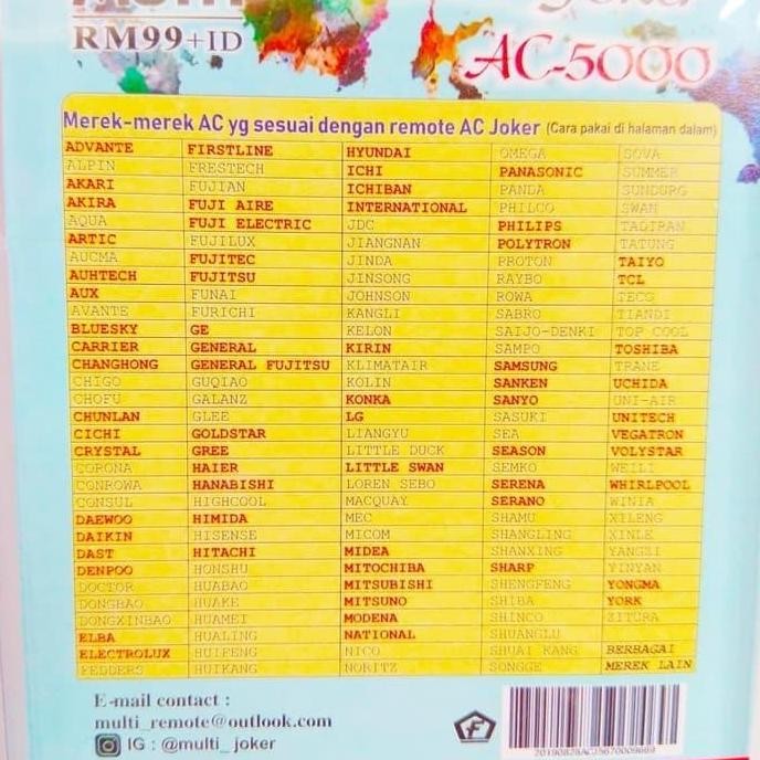 REMOT REMOTE AC AQUA/AKARI/AKIRA/ADVANTE/ARTIC/AUHTECH MULTI/UNIVERSAL