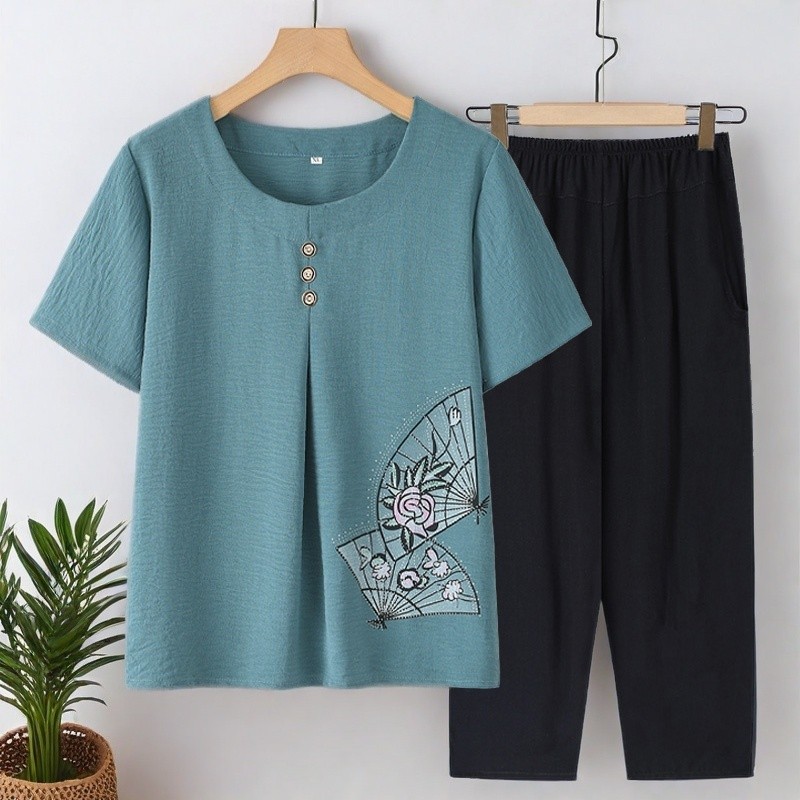 Set Dua Potong Santai Lengan Pendek Musim Panas Nenek Baru Kaos Nenek Ibu Pakaian Musim Panas Wanita