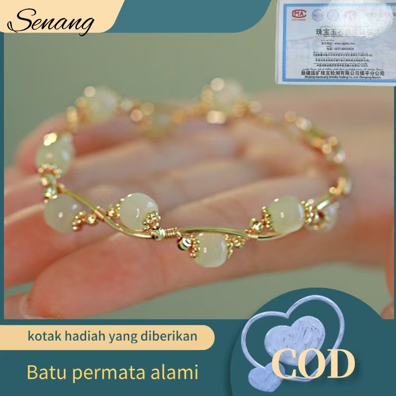Gelang Terbungkus Kawat Giok Hetian + Populer + Retro yang Lembut14K Tenun Emas + Tanggal Perjalanan