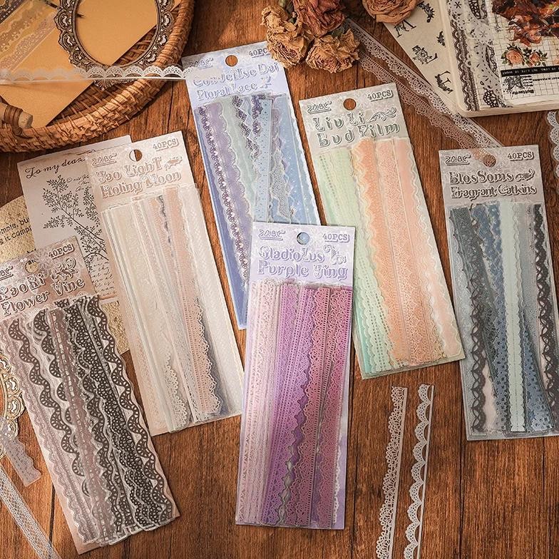 

40 Pcs Lace Stickers Cute Aesthetics Decor Collage Junk Journal Scrapbooking Supplies Self Adhesive Creative Stationery Sticker