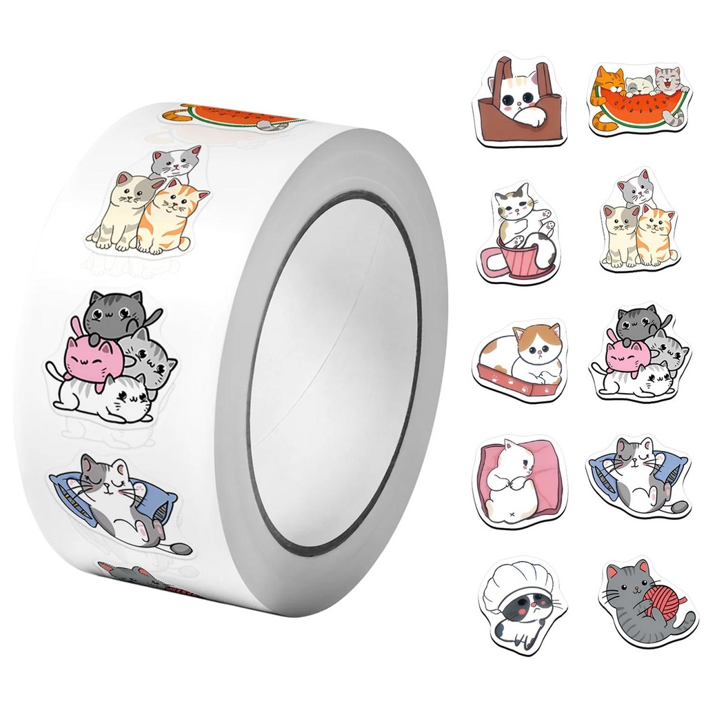 

1Roll(500Pcs) Cute Pet Cats Mimi Happy Day Pattern Stickers 2.5Cm/1.0'' 10 Designs Decals Diy Adorn Gifts Packaging Home Decor
