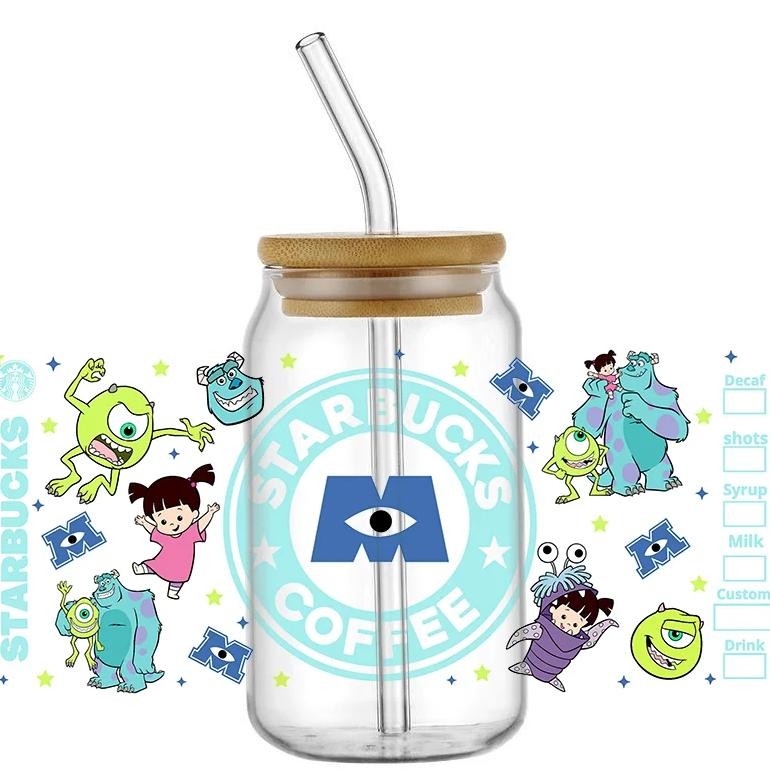 

3D Uv Dtf Waterproof Sticker Cartoon Cute Monster Uv Dtf Cup Wraps For 16Oz Libbey Custom Label Diy Durable Glasses