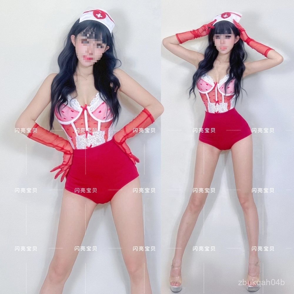 Bar DS New Women's Performance Costume DJ Lead dancer chic Sexy Red Lace Nurse Costume One-Piece Jaz