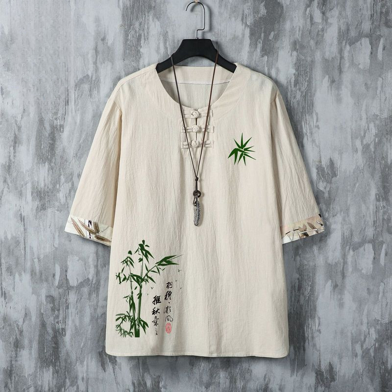 Kemeja Kasual Pria Katun Linen Cetak Tipis Longgar