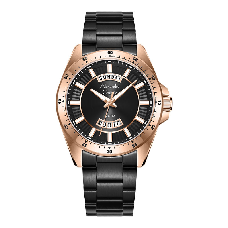 Jam Tangan Pria Alexandre Christie AC 6678 ME BBRBA Men Black Dial Black Stainless Steel Strap