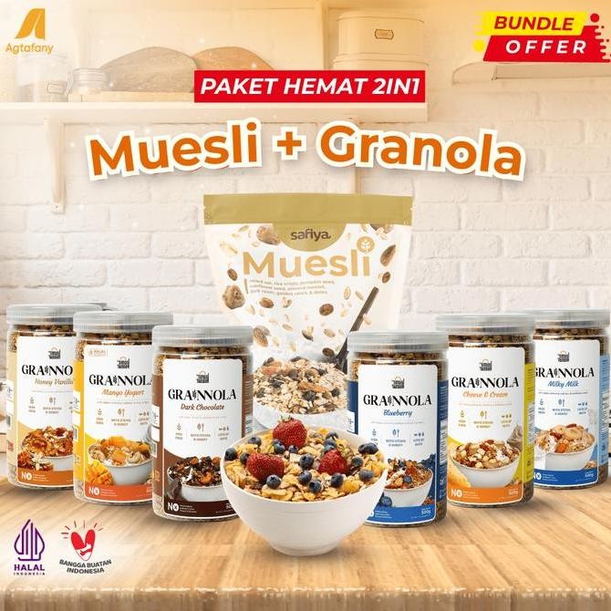 

[Paket Hemat] Muesli Safiya 500 gr + Grainnola Dark Chocolate Coklat Vanilla Honey Blueberry Mango Yogurt Chesee and Cream Milky Milk 500 gr Timur Tengah Granola | Sereal Oatmeal Sarapan Sehat Camilan Makanan Ringan