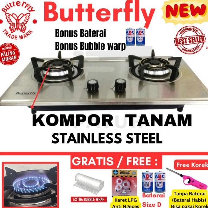 Kompor Tanam LPG 2 Tungku Butterfly Stainless Steel Kualitas Premium