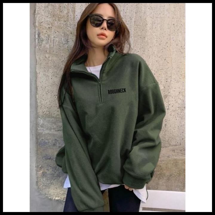 Terlaris Outwear Sweater Pria Roughneck Berkerah / HalfZip Sweatshirt Army  Bahan Fleece / Crewneck 