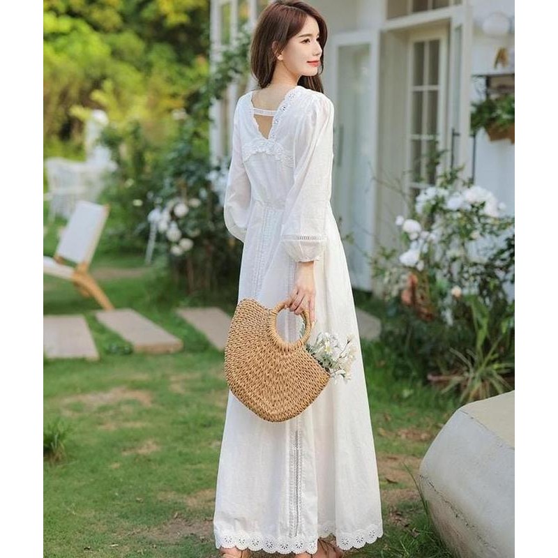 New Product - Lexia White Cotton Long Dress Long Sleeve Woman Premium / Korean Summer Dress / Beachw