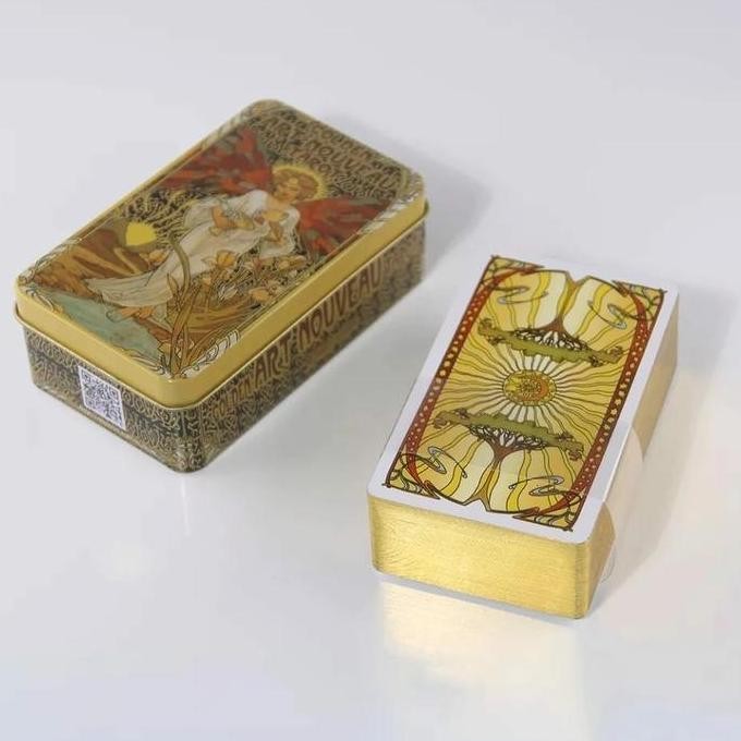 Nouveau Art Golden Tarot dengan Kotak Kaleng pinggiran Gold