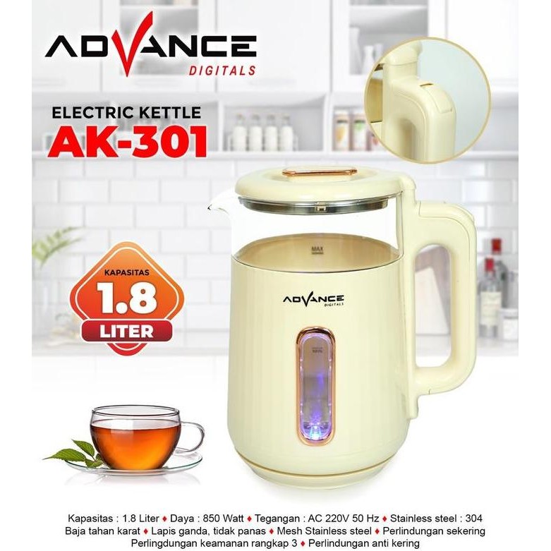Advance Teko Listrik Ak-301 Electric Kettle 1.8L Teko Listrik Kaca Transparan Garansi Resmi 1 Tahun