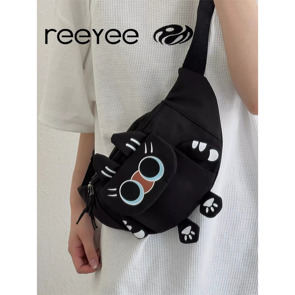 Tas Selempang Kasual Serbaguna Kucing Kartun Imut Tas Dada Kanvas Nylon