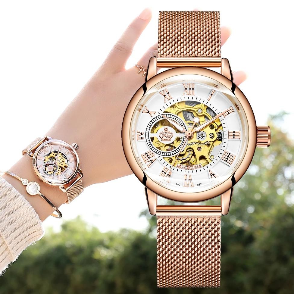 ORKINA Mechanical Women Bracelet Watch Skeleton Automatic Wristwatch Mesh Stainless Steel Band Femal