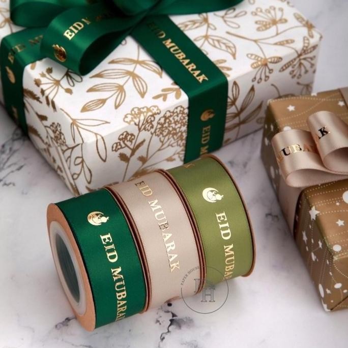 

Premium Pita Eid Mubarak Premium / Pita Lebaran Idul Fitri Emboss Gold / 2.5cm