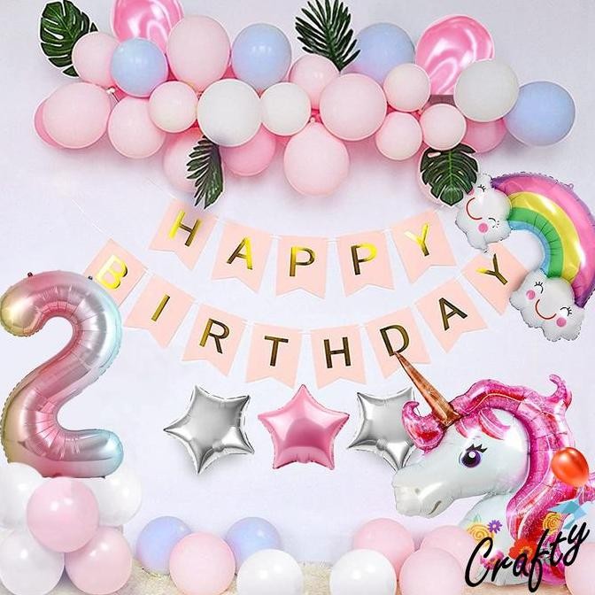 Premium [PAKET] Dekorasi Balon Ulangtahun PINK CHAIN UNICORN ANGKA Hiasan Ultah Anak Perempuan