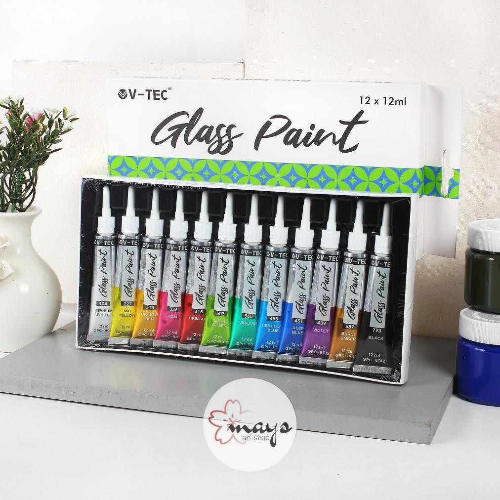 

V-TEC Glass Paint Set 12 Colors - Cat Lukis Kaca Set 12 ml x 12 Warna