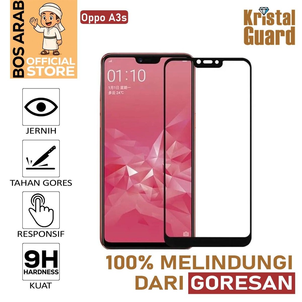 Tempered Glass Full Kaca Untuk Oppo A3S | Pelindung Layar Anti Gores - Hitam