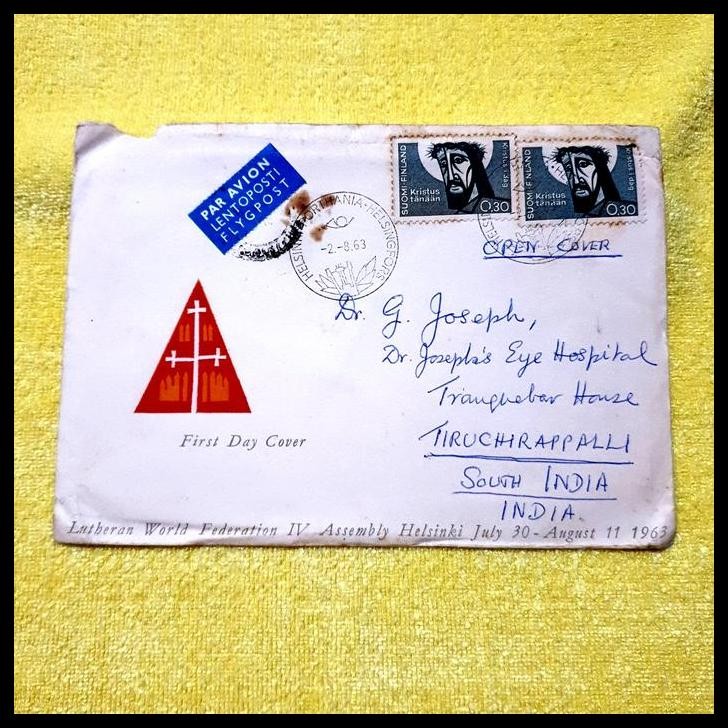 

HOT DEAL PRANGKO FINLANDIA. RELIGION. FDC LUTHERAN WORLD FEDERATION IV ASSEMBLY HELSINKI JULY 30 - AUGUST 11 1963. MENGGUNAKAN PRANGKO BERGAMBAR KRISTUS I DAG (YESUS AKU MOHON) DIKIRIM KE INDIA !!