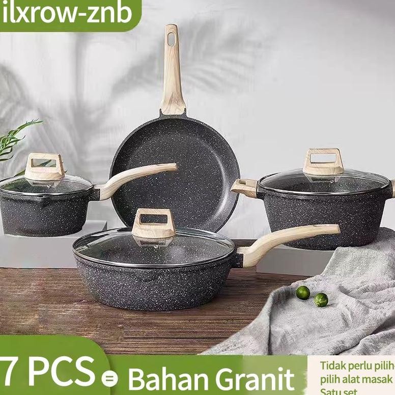 7 PCS Panci Set Peralatan Masak Anti Lengket Kuali Batu Granit/Set Dapur untuk Semua Kompor