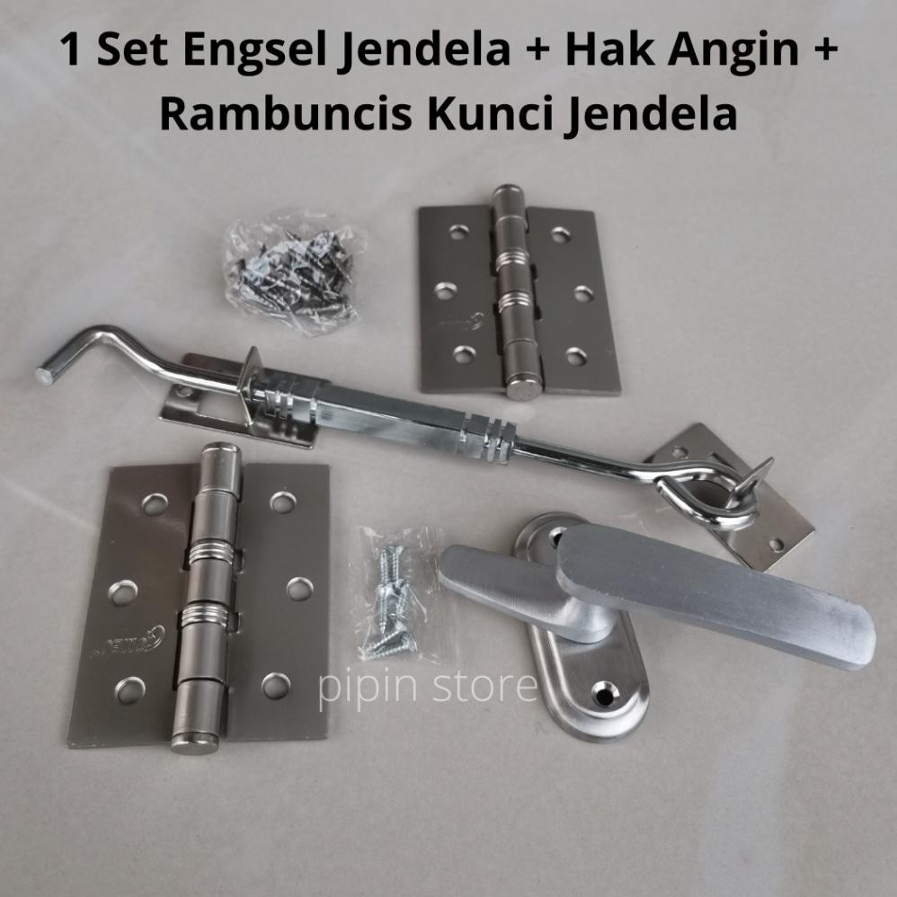 Paket Engsel Jendela Kayu 3 Inch 1 Set - Hak Angin Cantolan Penahan Jendela Stainless - Rambuncis Ku