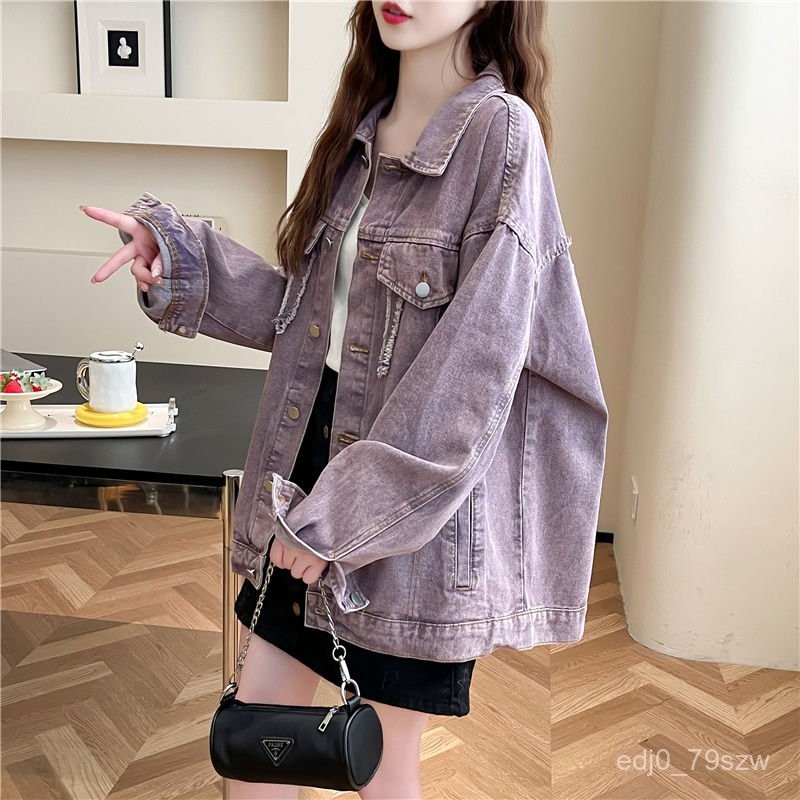 Women's Fashion Versatile Loose Design Purple Denim Jacket polo Collared Jacket Top