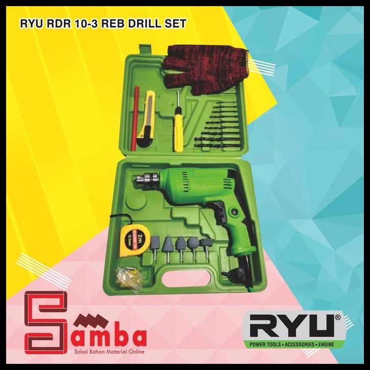 TERBARU RYU RDR 10-3 REB MESIN BOR LISTRIK DRILL SET / BOR SET 10 MM / BOR LISTRIK KOMPLIT
